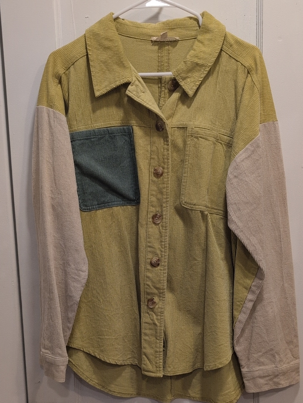 Corduroy Colorblock Button-Up Shirt - Olive Green & Cream